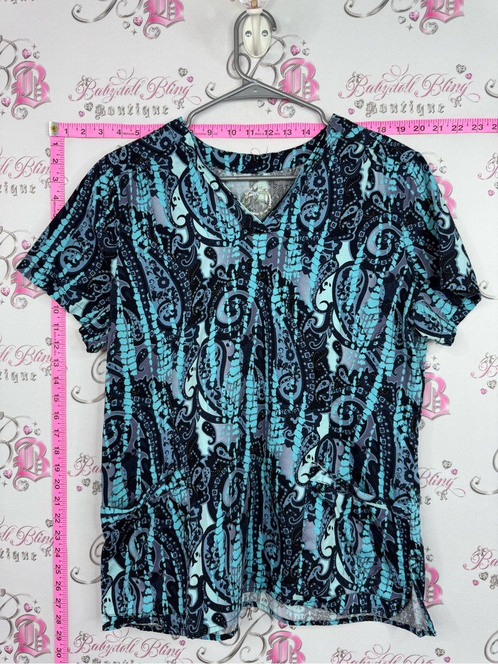 Health pro Scrub top Women’s Teal and Black Printed Short Sleeve Top cotton